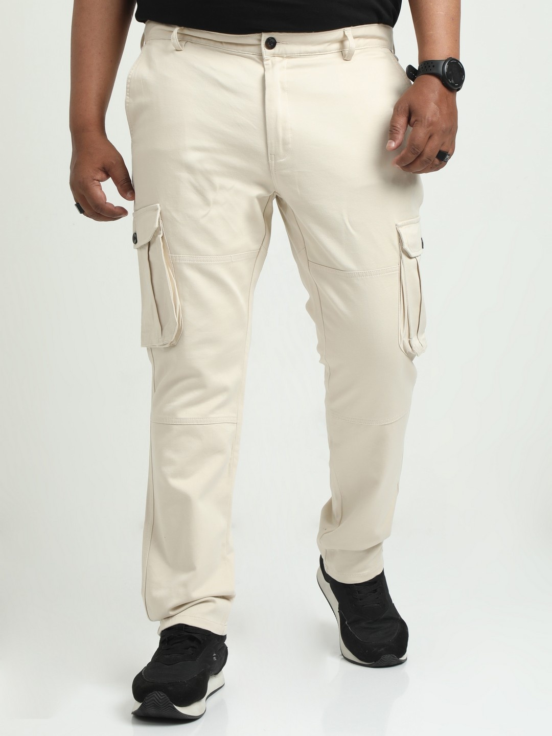 

NEVER NEUD Men Plus Size Relaxed Cargos Trousers, Cream