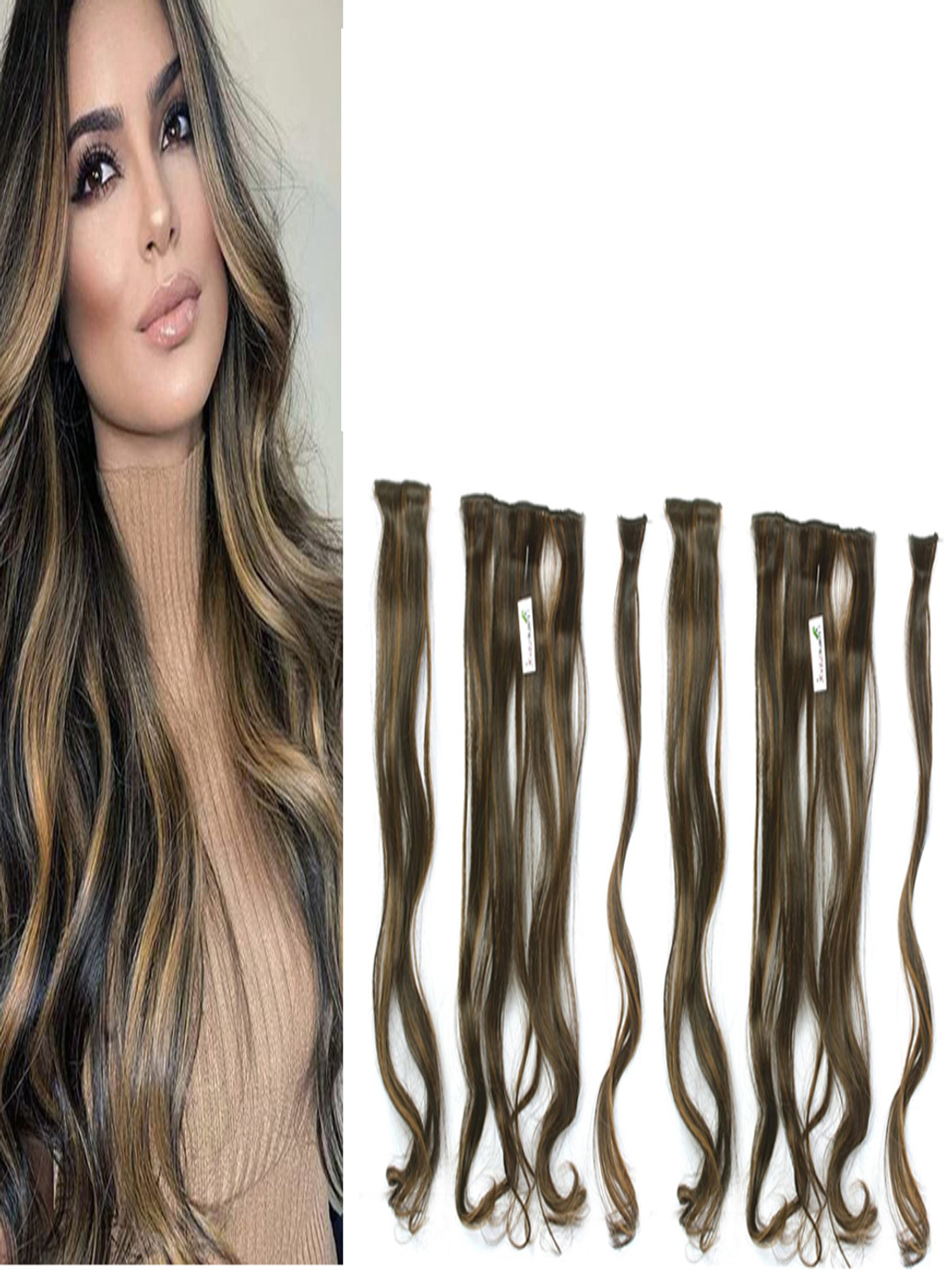 

RITZKART Set Of 6 Clip In Curly Colored Strand Hair Extension - Golden - 25 Inch Each, Gold