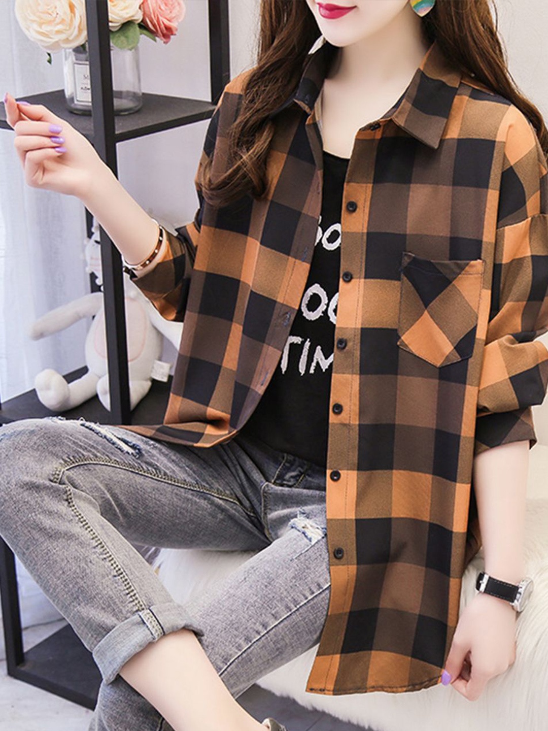 

Mast & Harbour Women Opaque Checked Casual Shirt, Brown