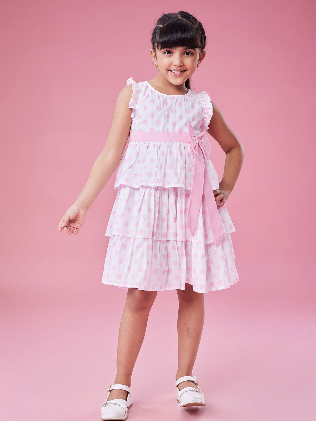 

MASTARANG Girls Three Tiered Bow Detailed Sleeveless Dress, Pink