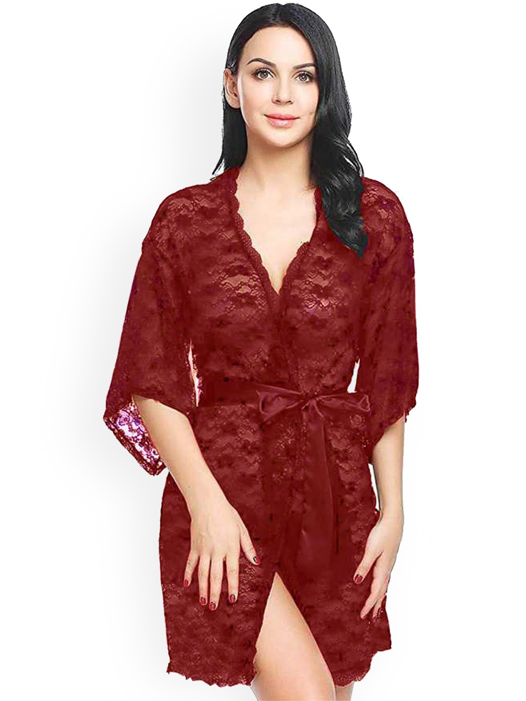 

Fihana Women Lace Wrap Nightdress With Robe, Maroon