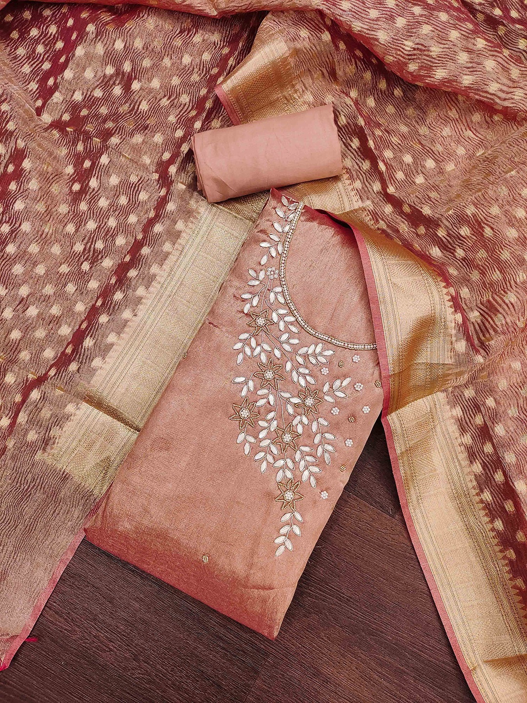 

KALINI Embellished Organza Unstitched Dress Material, Peach