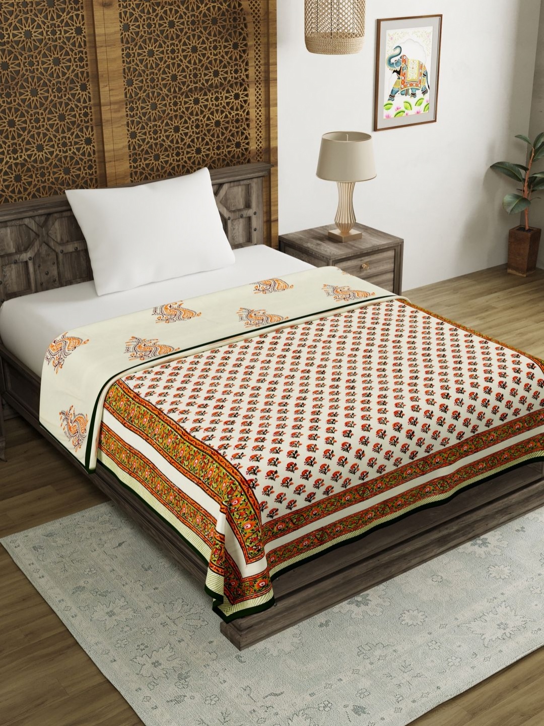 

Myntra Elegant Homes Orange & White Floral Printed Cotton 150 GSM AC Room Single Bed Dohar