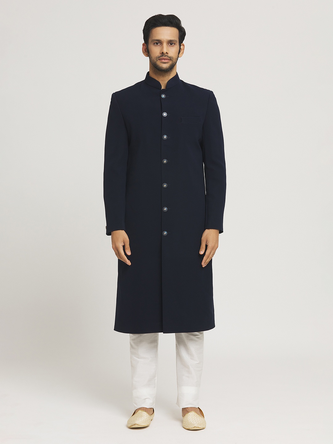 

Aryavir Malhotra Mandarin Collar Nawabi Sherwani Set, Blue