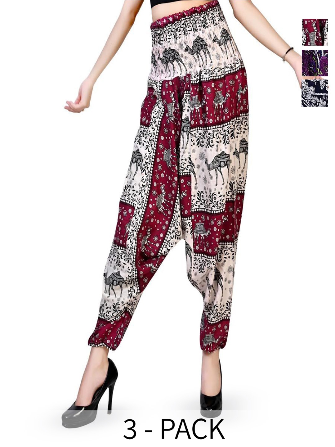 

NarNari Women Pack Of 3 Printed Mid-Rise Harem Pants, White