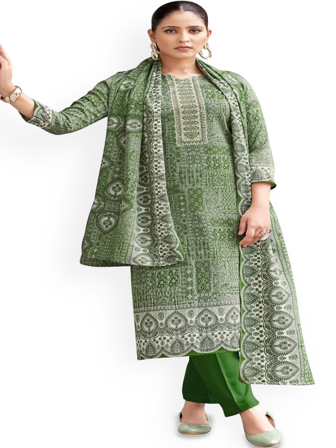 

DRAVINAM Trends Ethnic Motifs Printed Unstitched Dress Material, Green