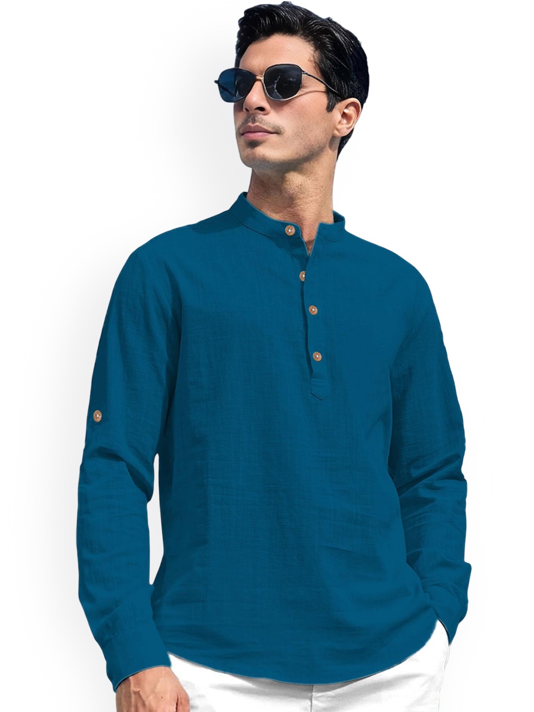 

Vida Loca Cotton Band Collar Slim Fit Short Kurta, Blue