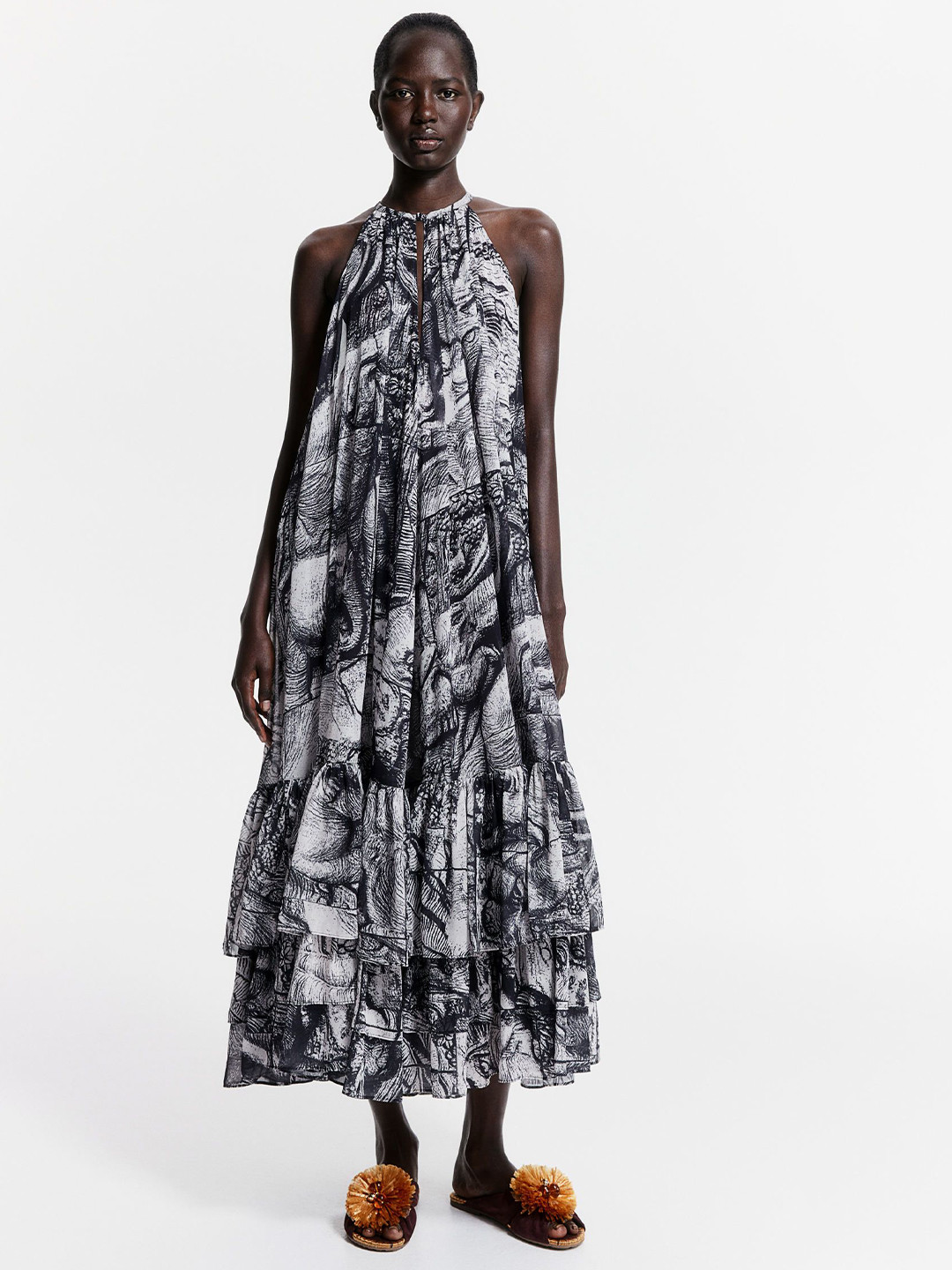 

H&M Patterned Chiffon Dress, Black