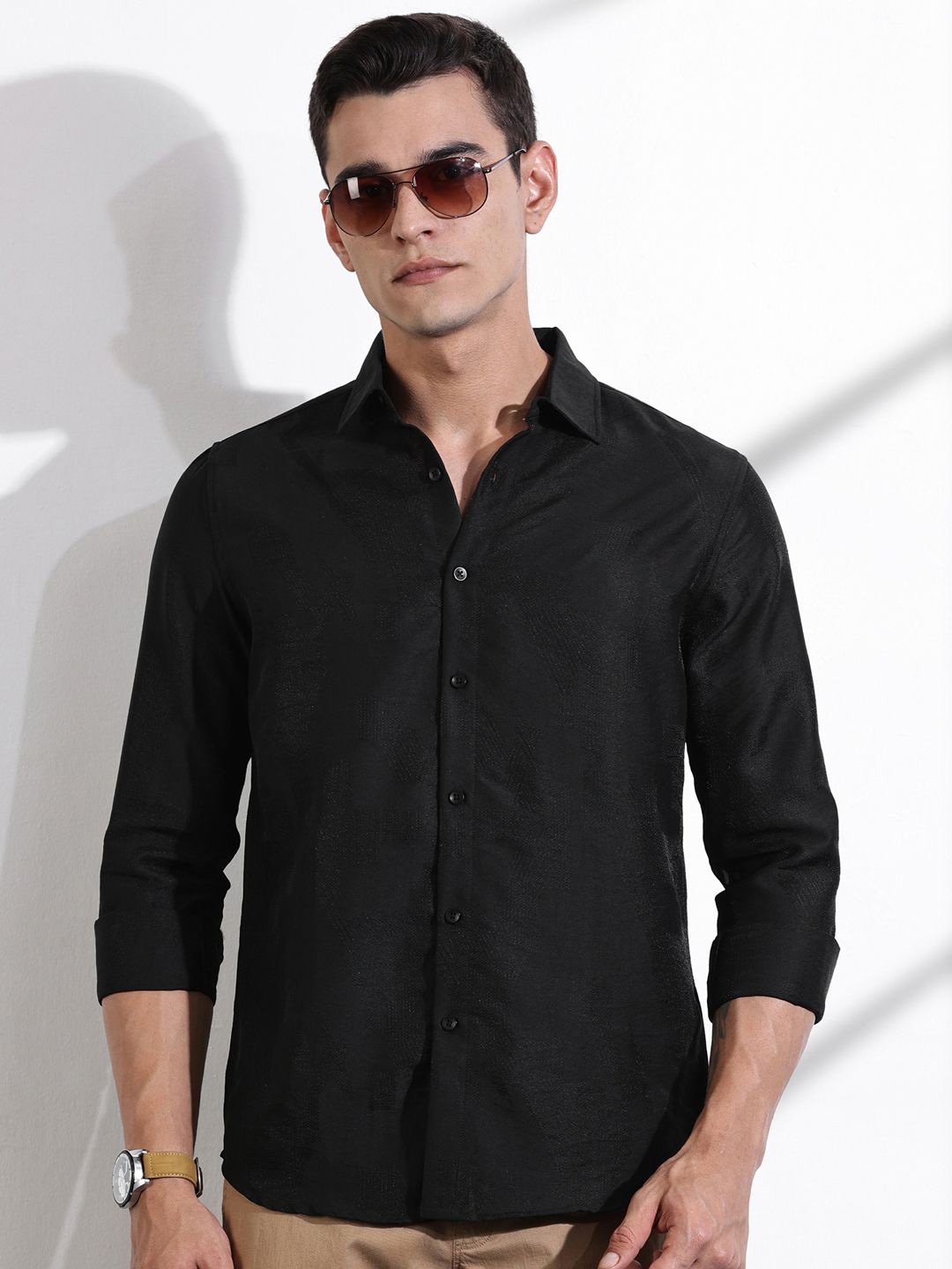 

Thomas Scott Men Classic Slim Fit Opaque Casual Shirt, Black