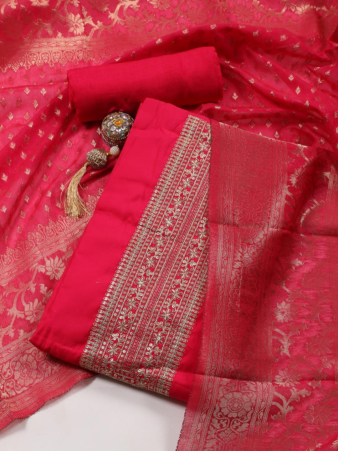 

Meena Bazaar Embroidered Art Silk Unstitched Dress Material, Magenta