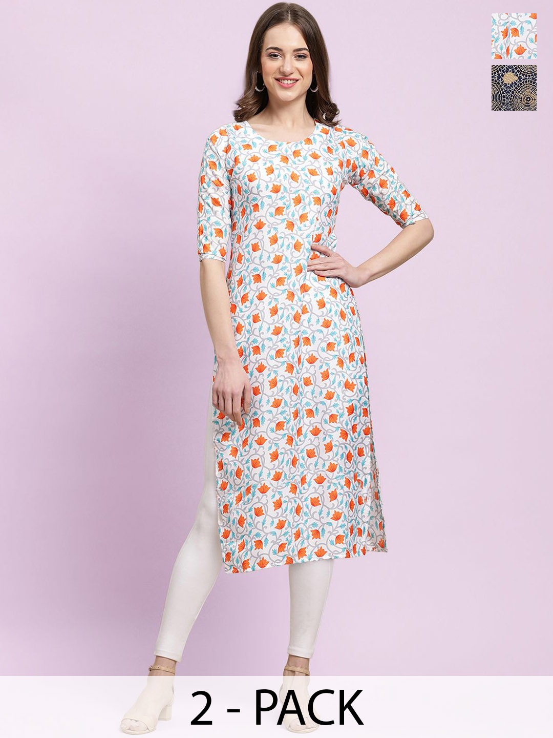 

Moda Rapido White Selection of 2 Floral & Geometric Printed Straight Kurtas