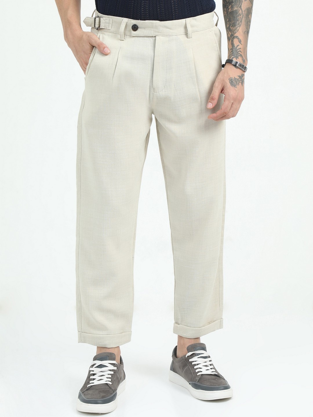 

NEVER NEUD Men Relaxed Air Linen Summer Pleated Trousers, Beige