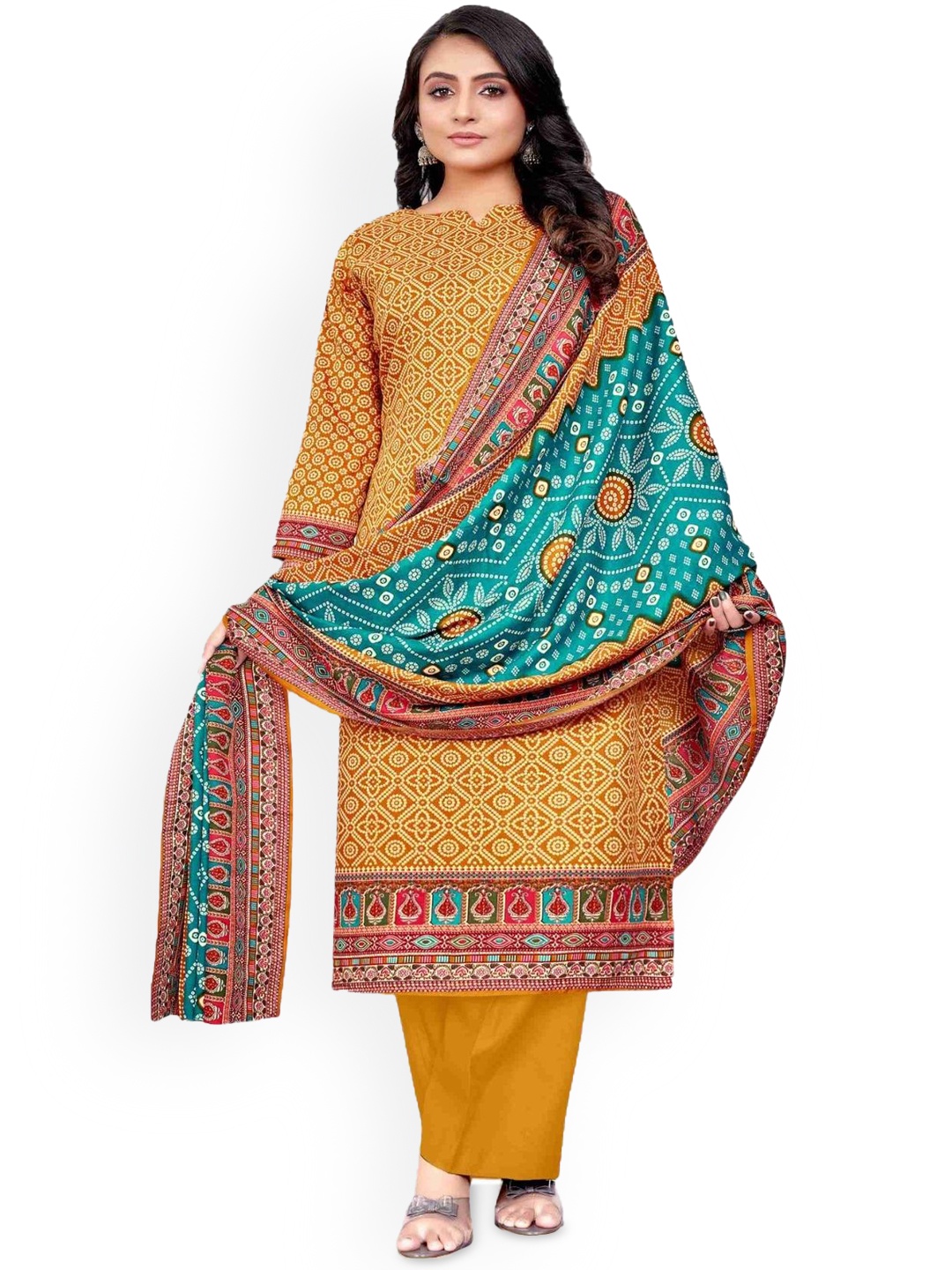 

DRAVINAM Trends Ethnic Motifs Printed Pashmina Unstitched Dress Material, Yellow