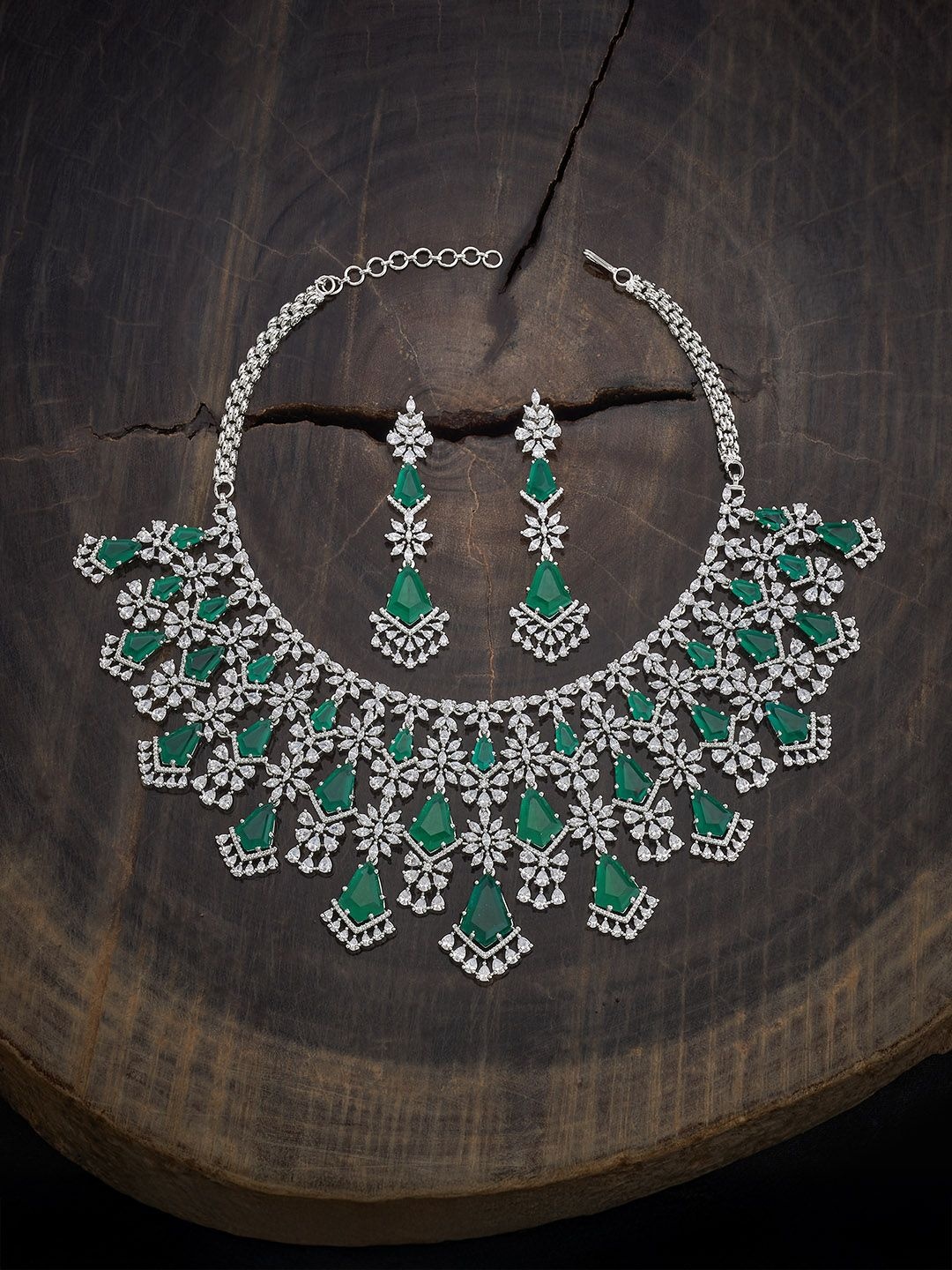 

Kushal's Fashion Jewellery Green Rhodium-Plated Cubic Zircon Studded Jewellery Set, Silver