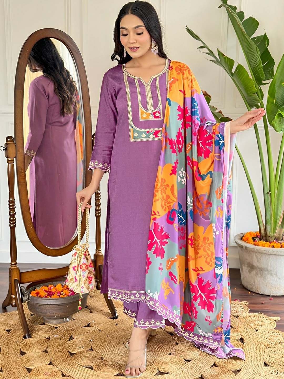 

Vintro Women Embroidered Regular Sequinned Kurta with Trousers & With Dupatta, Purple