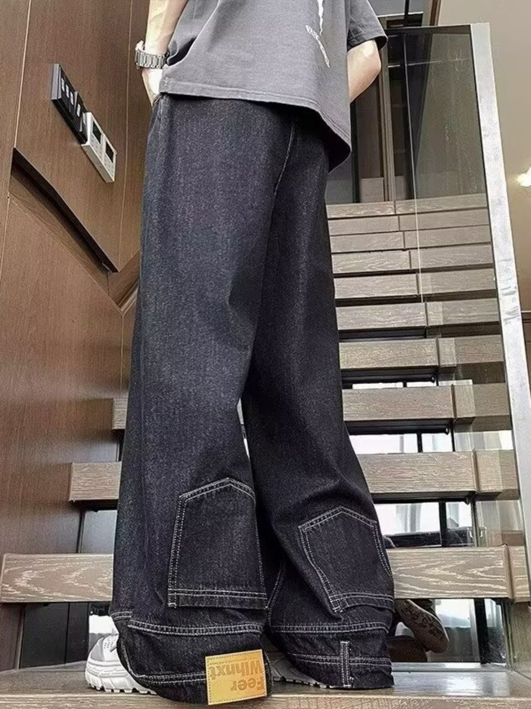 

HERE&NOW Men Wide Leg Jeans, Black