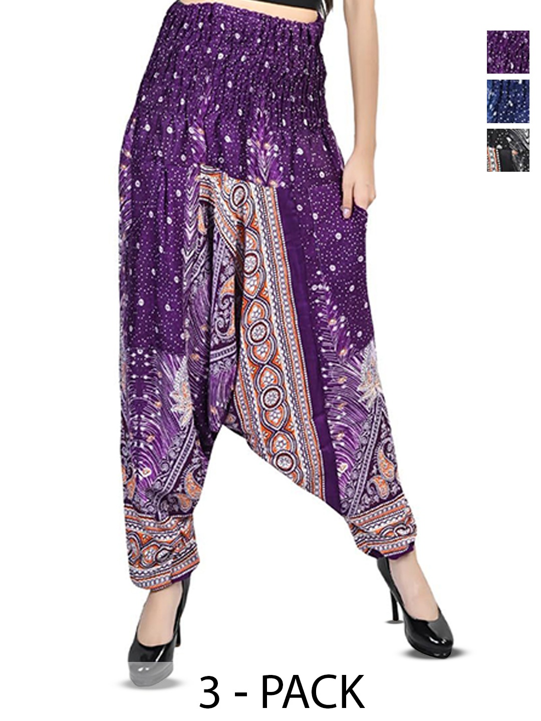 

NarNari Women Pack Of 3 Printed Harem Pants, Purple