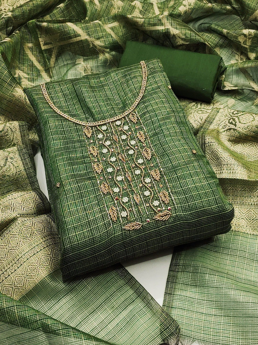 

KALINI Organza Unstitched Dress Material, Green