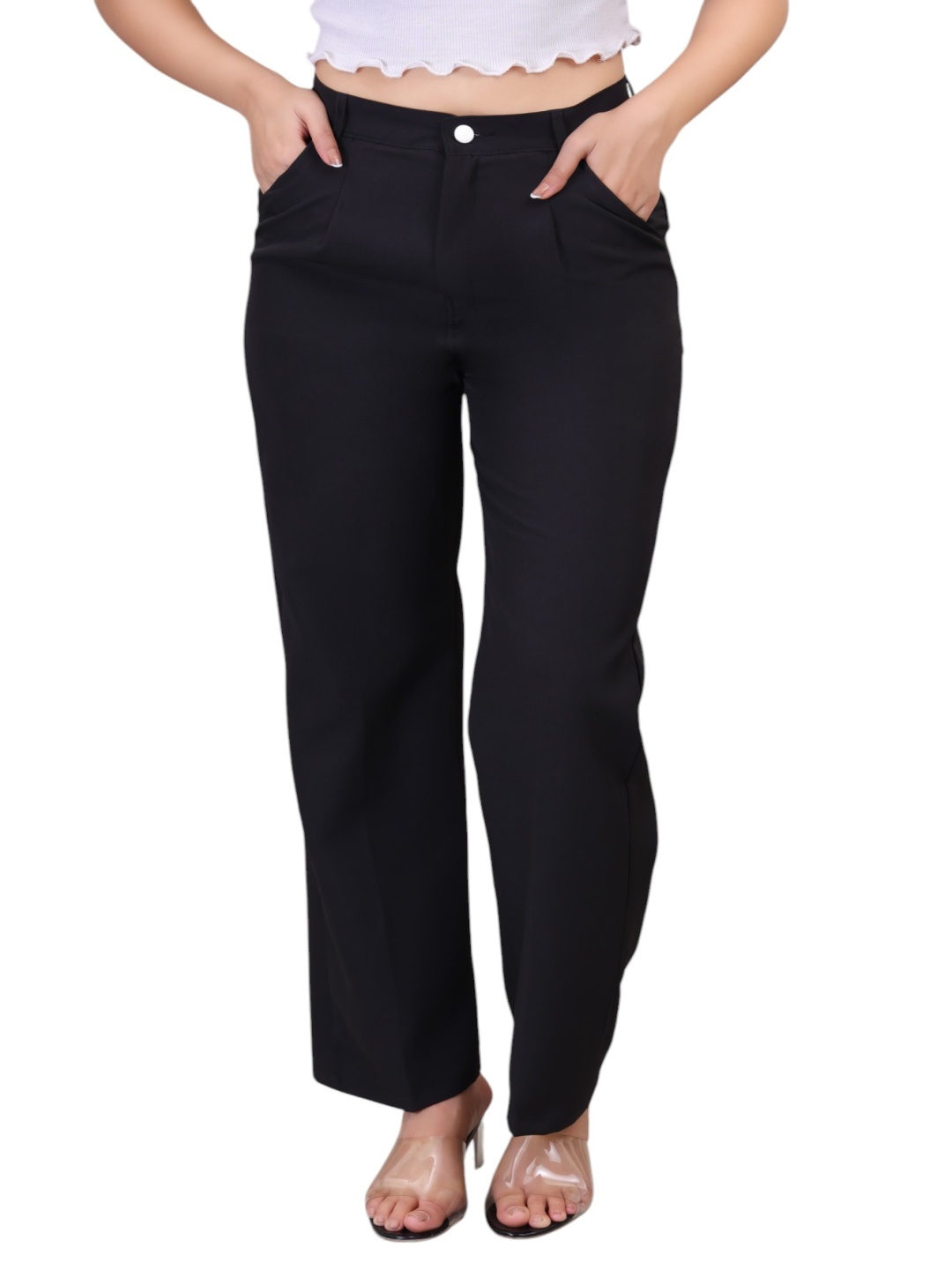 

RIVI Women Relaxed Straight Leg High-Rise Easy Wash Pleated Trousers, Black
