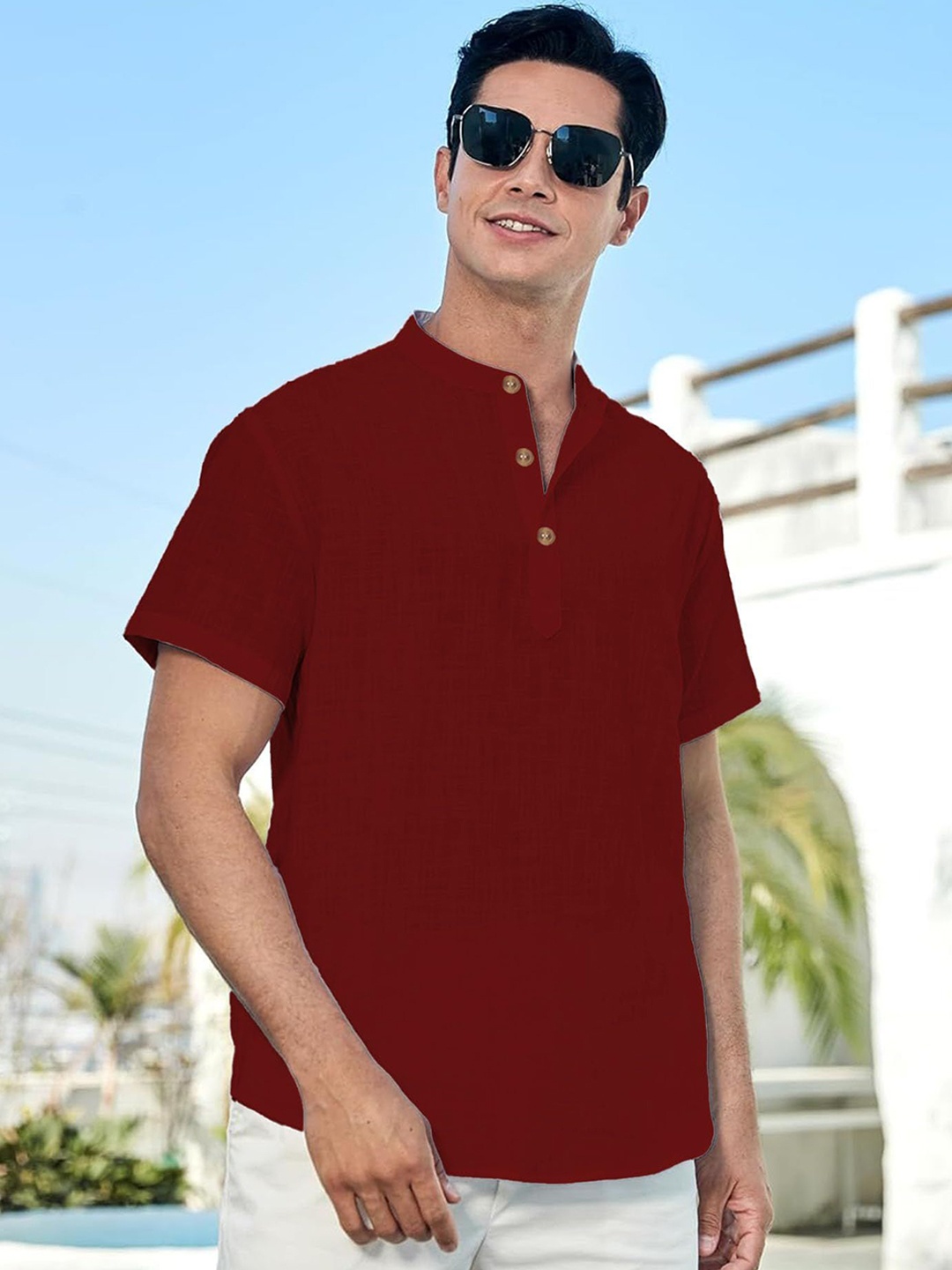 

Vida Loca Cotton Band Collar Slim Fit Short Kurta, Maroon