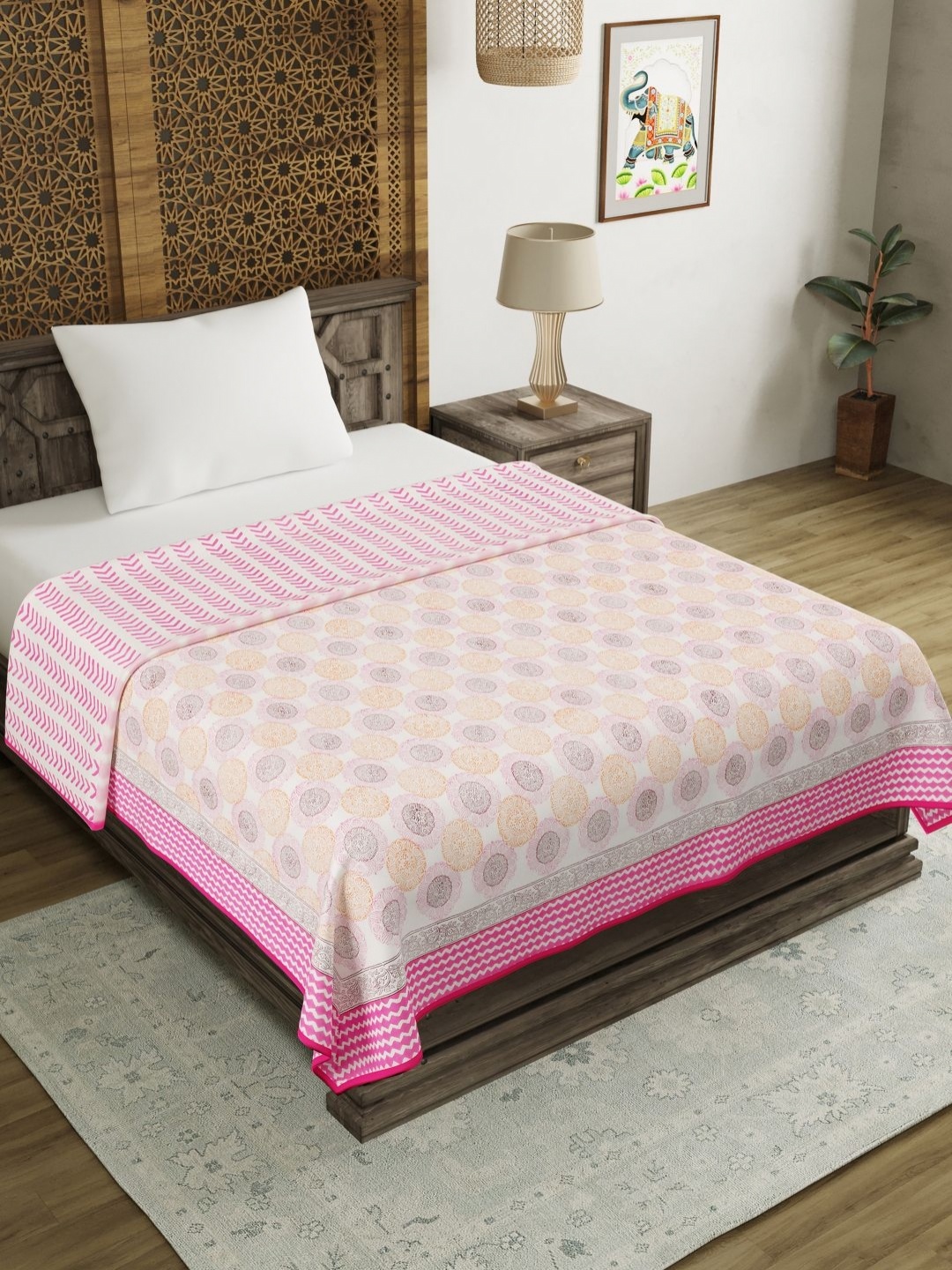 

Myntra Elegant Homes Pink & White Ethnic Motifs Cotton 150 GSM AC Room Single Bed Dohar