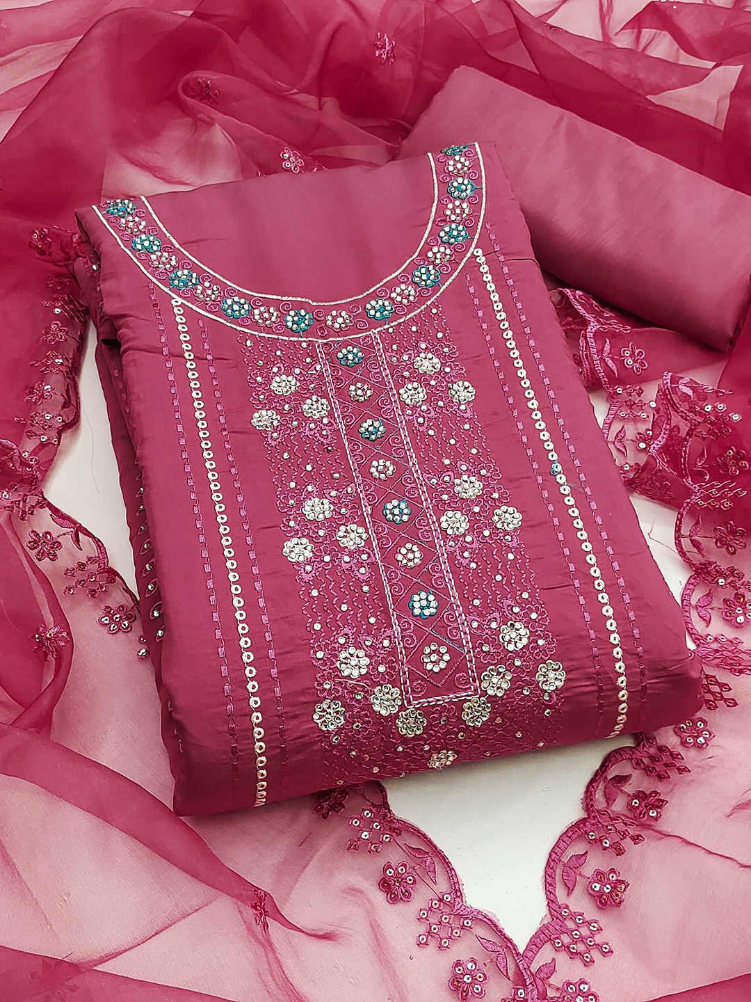 

KALINI Embroidered Pure Silk Unstitched Dress Material, Pink