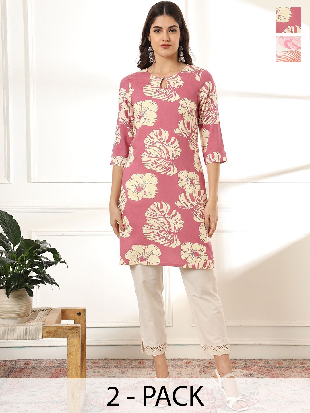 

Anouk Rustic Selection of 2 Floral Printed Keyhole Neck Straight Kurta, Pink