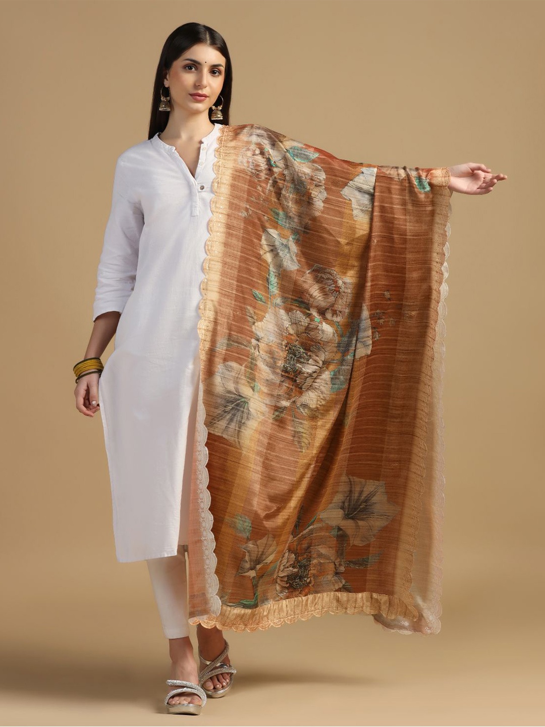 

Kaizen TEXO FAB Floral Printed Dupatta With Sequinned, Brown