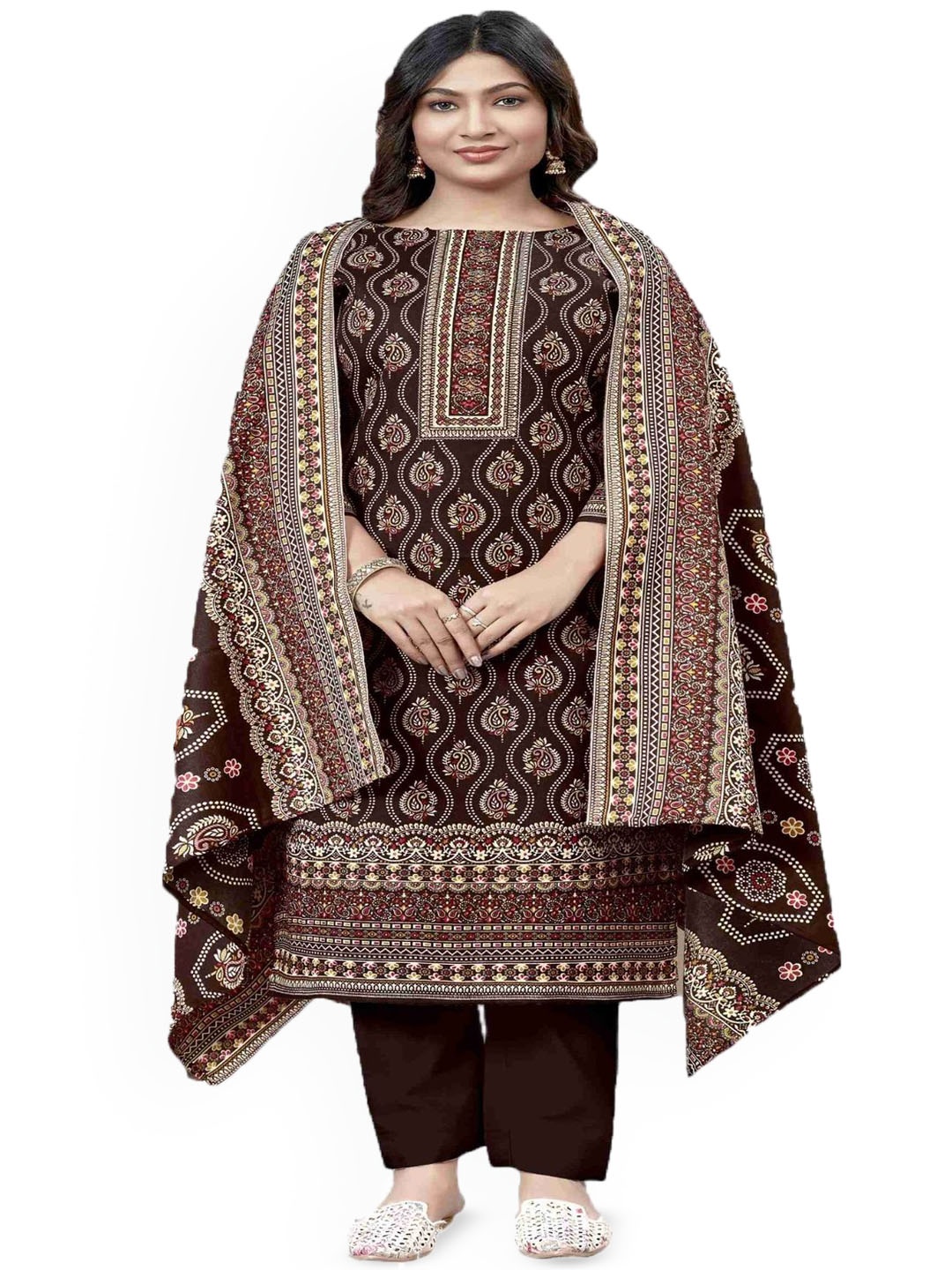 

DRAVINAM Trends Floral Printed Pashmina Unstitched Dress Material, Brown
