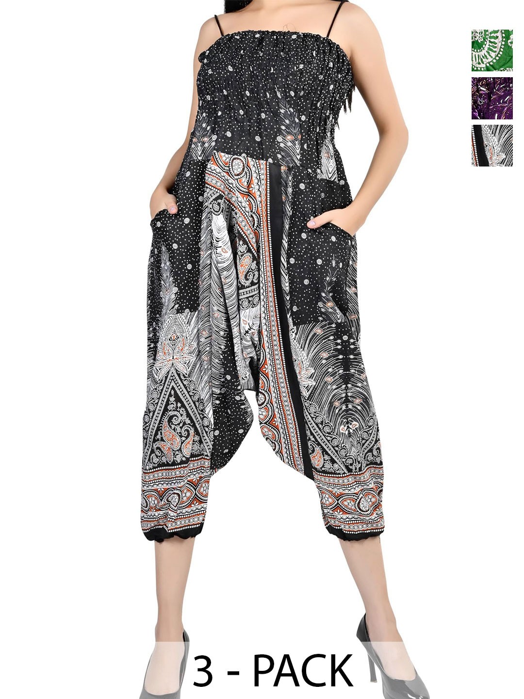 

NarNari Women Pack Of 3 Printed Harem Pants, Green