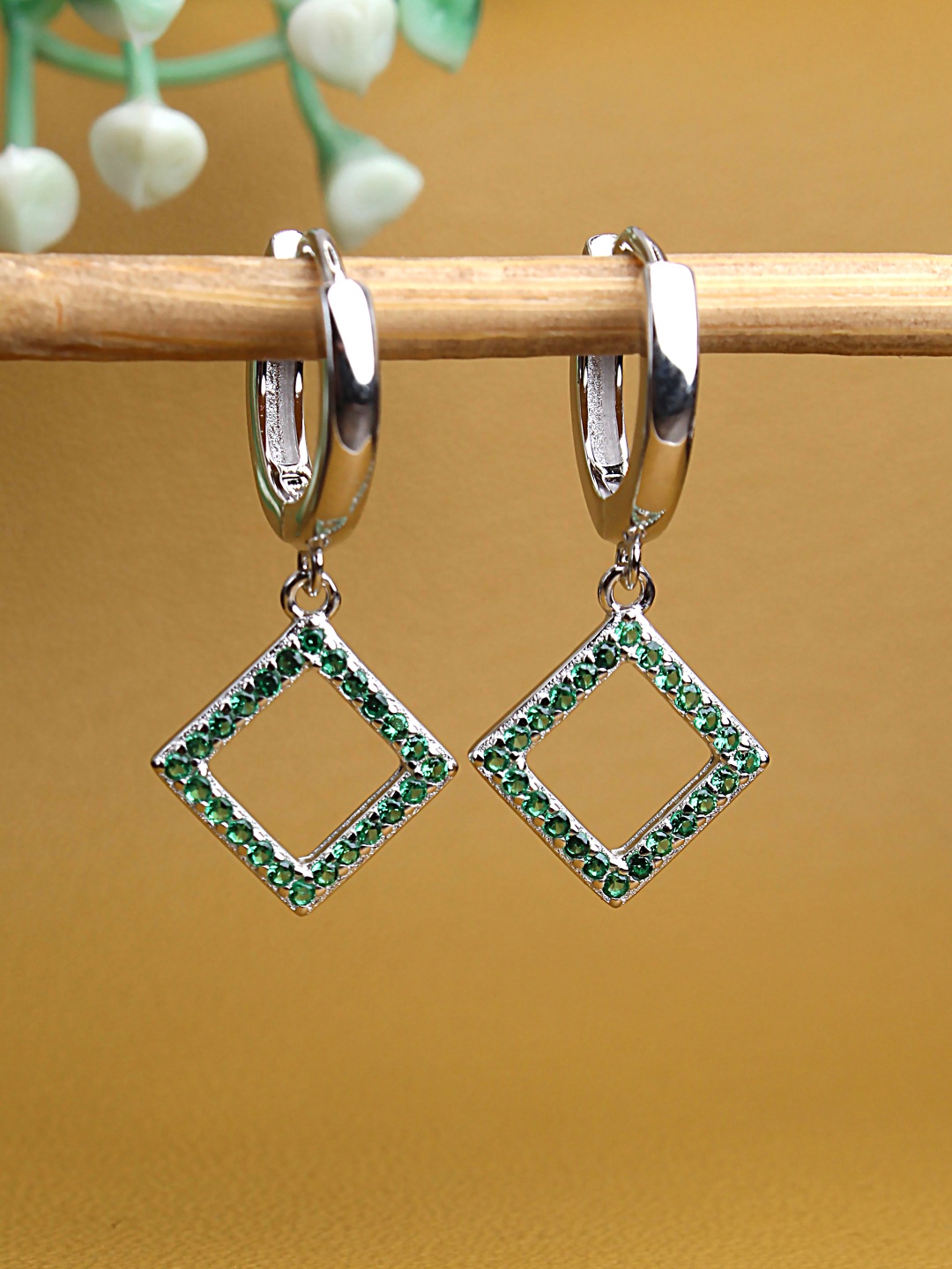 

DEVASHREE 925 Silver Rhodium-Plated Emerald CZ Studded Square Shaped Hoop Earrings