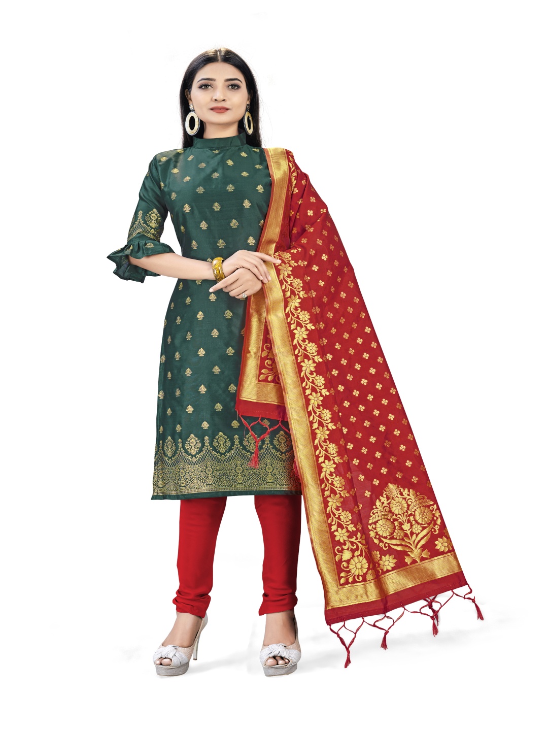 

HERE&NOW Ethnic Motifs Woven Design Zari Banarasi Silk Unstitched Dress Material, Green