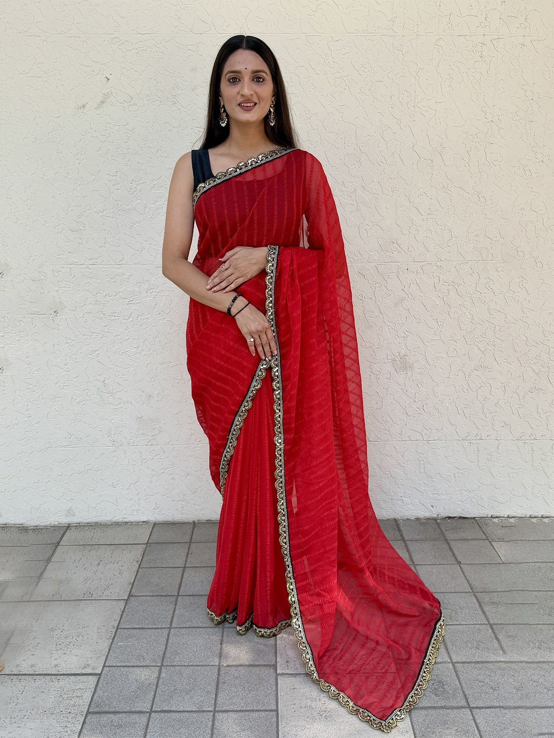 

LADY SHOPI Striped Sequinned Pure Chiffon Saree, Red
