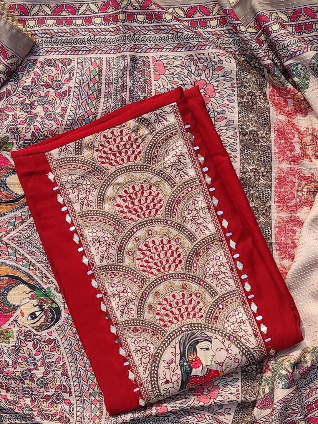 

GC 80 BY GAURI COLLECTION Embroidered Silk Crepe Unstitched Dress Material, Red