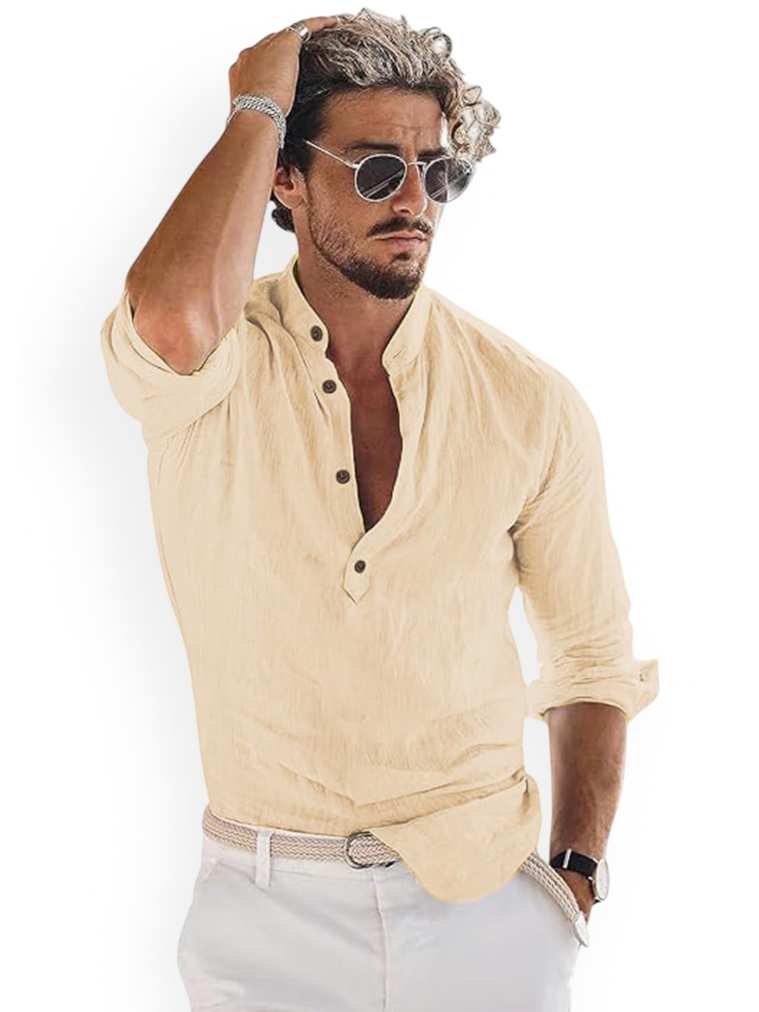 

Vida Loca Band Collar Cotton Straight Kurta, Beige