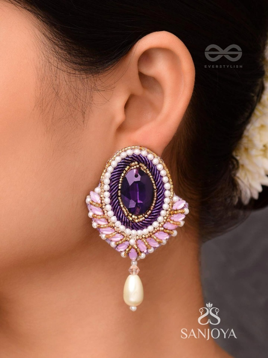 

EVERSTYLISH Sanjoya Stones, Dabka And Pearl Drop Embroidered Earrings, Multi