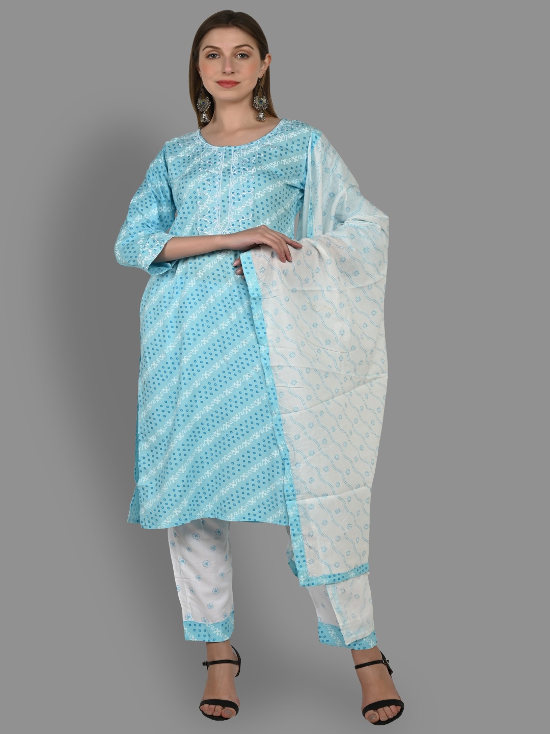 

Moda Rapido Textured Printed Straight Thread Work Kurta with Trousers & With Dupatta, Blue