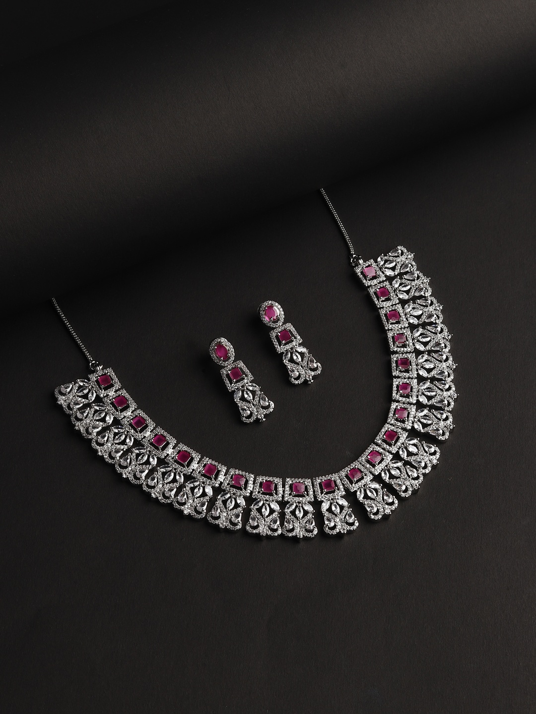 

RHOSYN Rhodium-Plated CZ American Diamond & Ruby Studded Jewellery Set, Silver