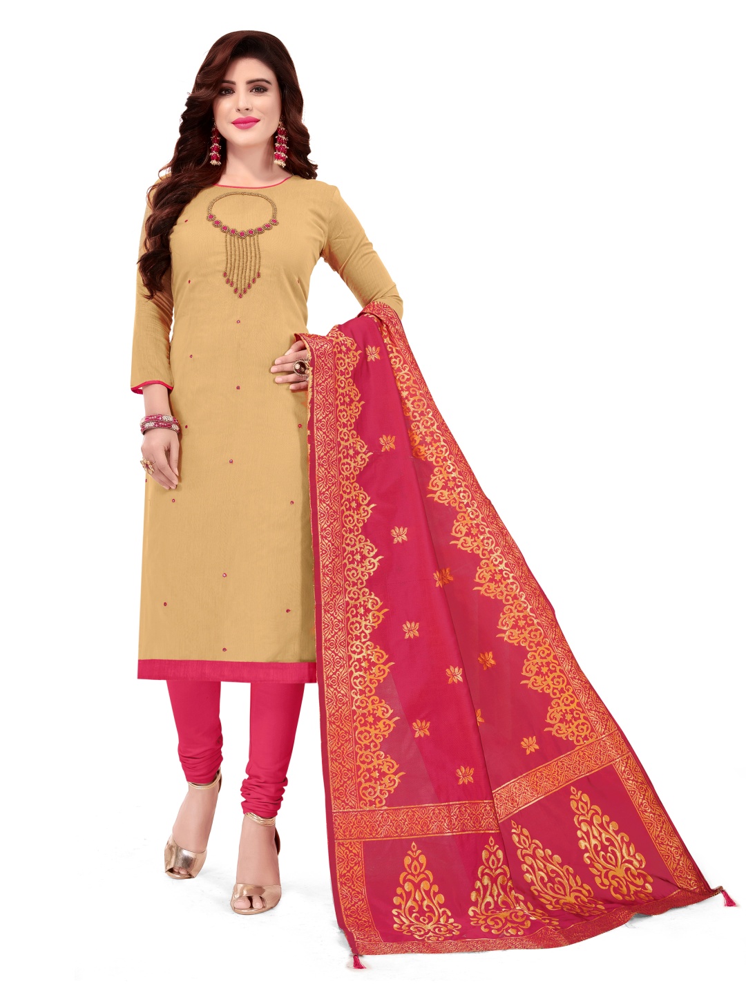 

HERE&NOW Floral Embroidered Beads and Stones Unstitched Dress Material, Beige