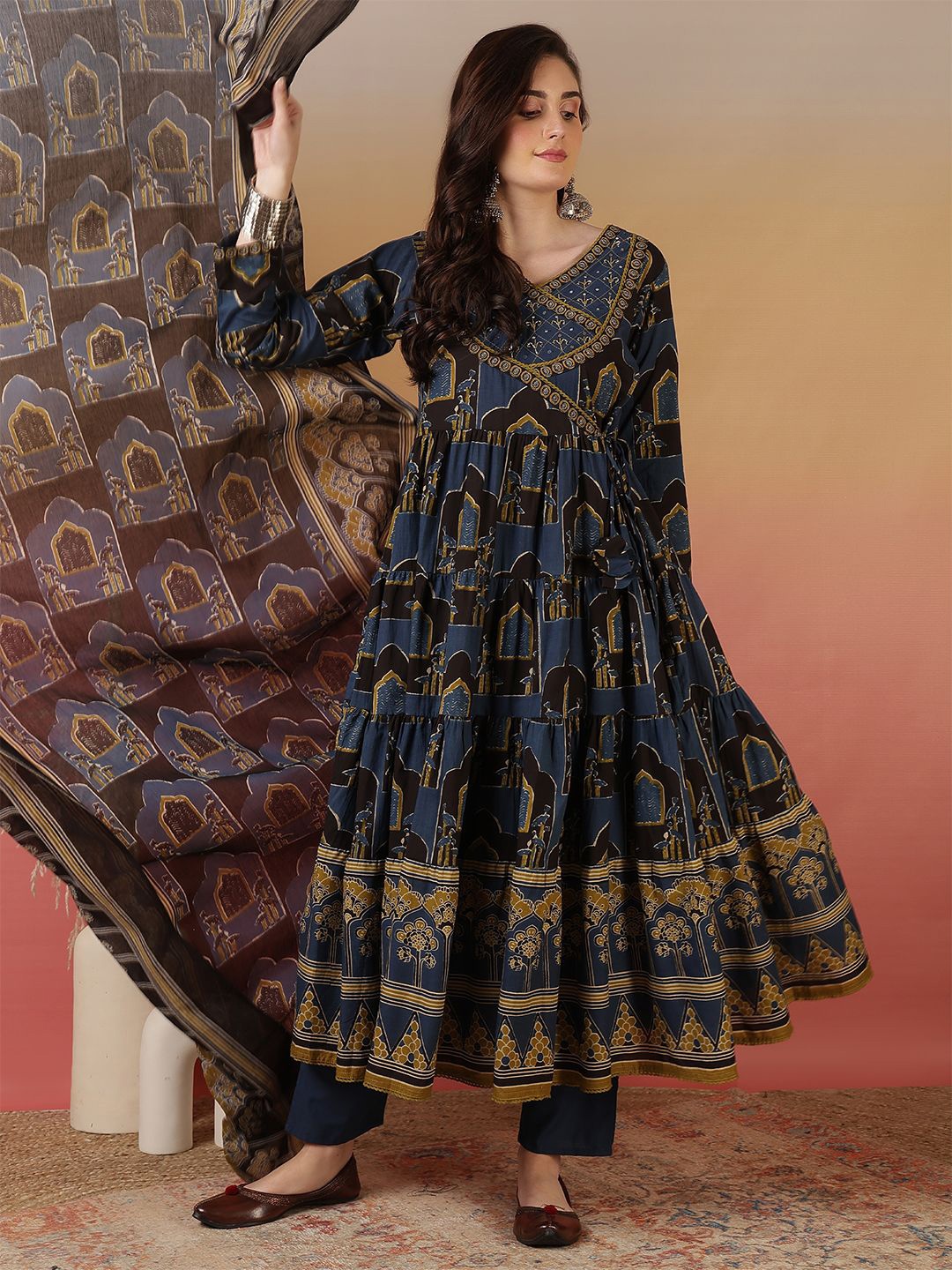 

Sangria Printed Embroidered Pure Cotton Kurta With Trouser & Dupatta, Blue