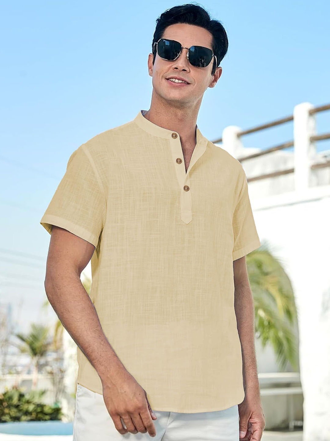 

Vida Loca Cotton Band Collar Slim Fit Short Kurta, Beige