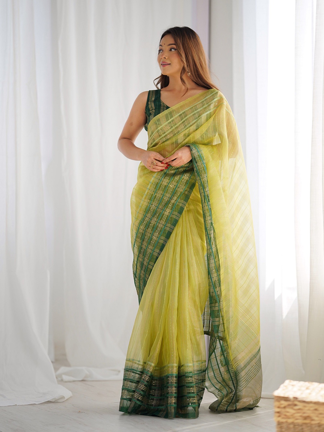 

J.KANJI Striped Sequinned Organza Khadi Saree, Lime green