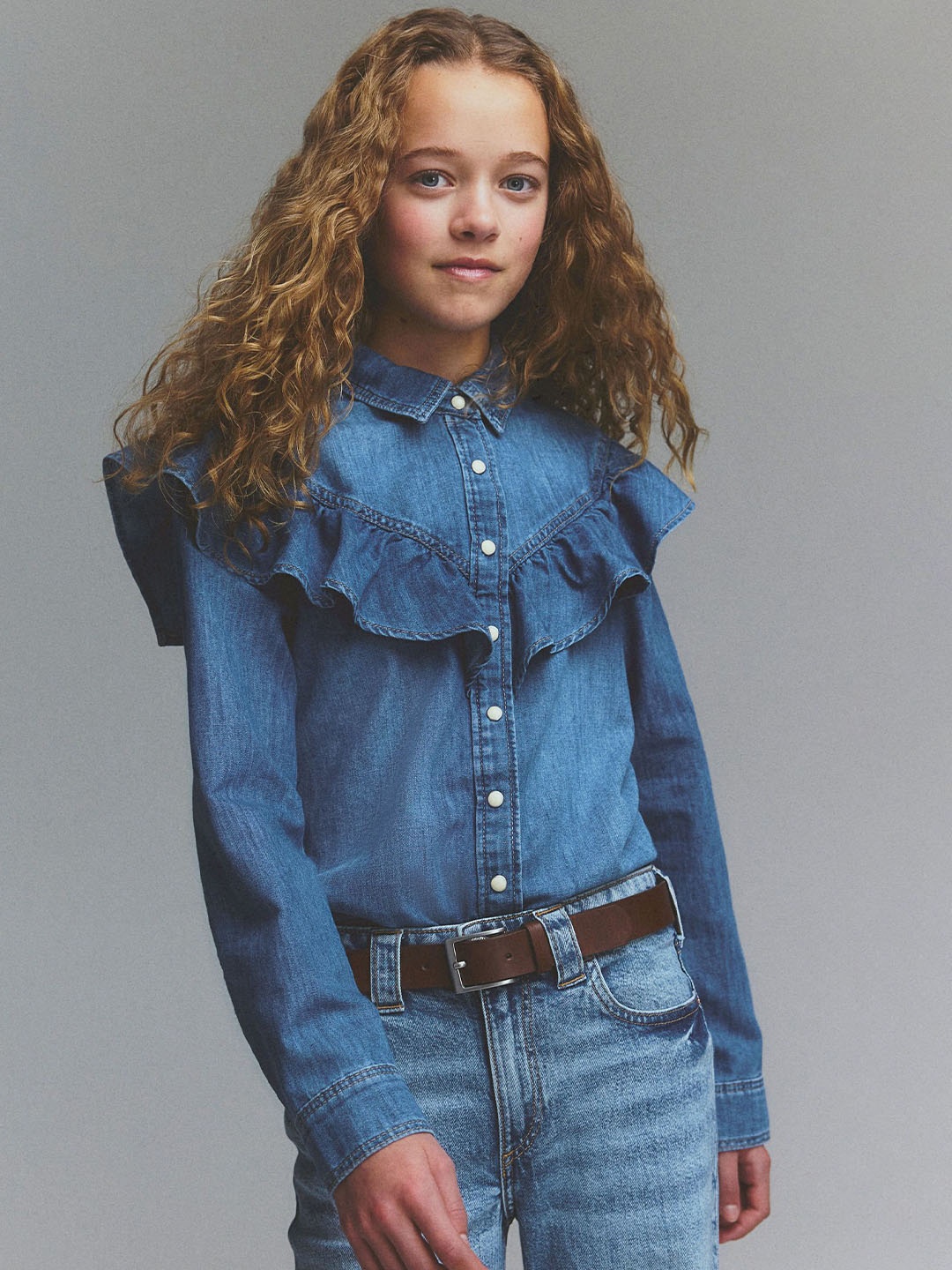 

H&M Flounce-Detail Denim Shirt, Blue