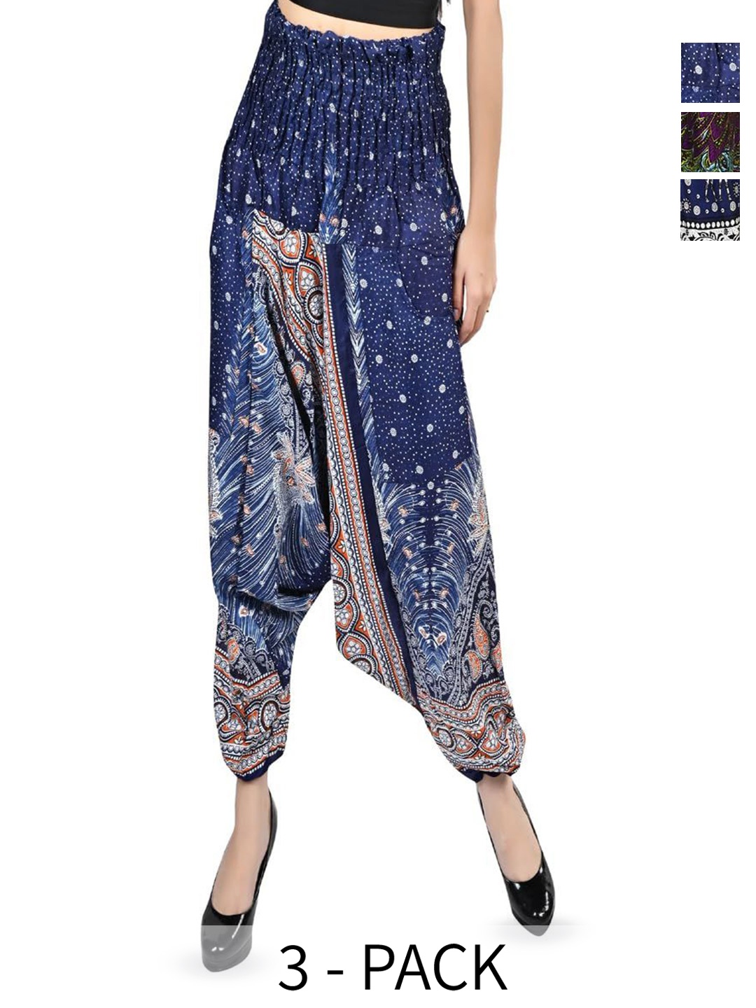 

NarNari Women Pack Of 3 Printed Mid-Rise Harem Pants, Blue