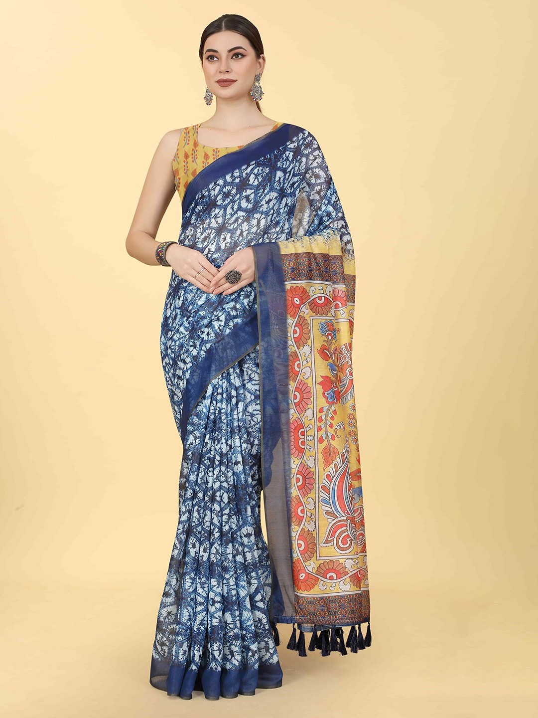 

DIVASTRI Chanderi Cotton Indigo Digital Printed Saree With Tassels, Blue