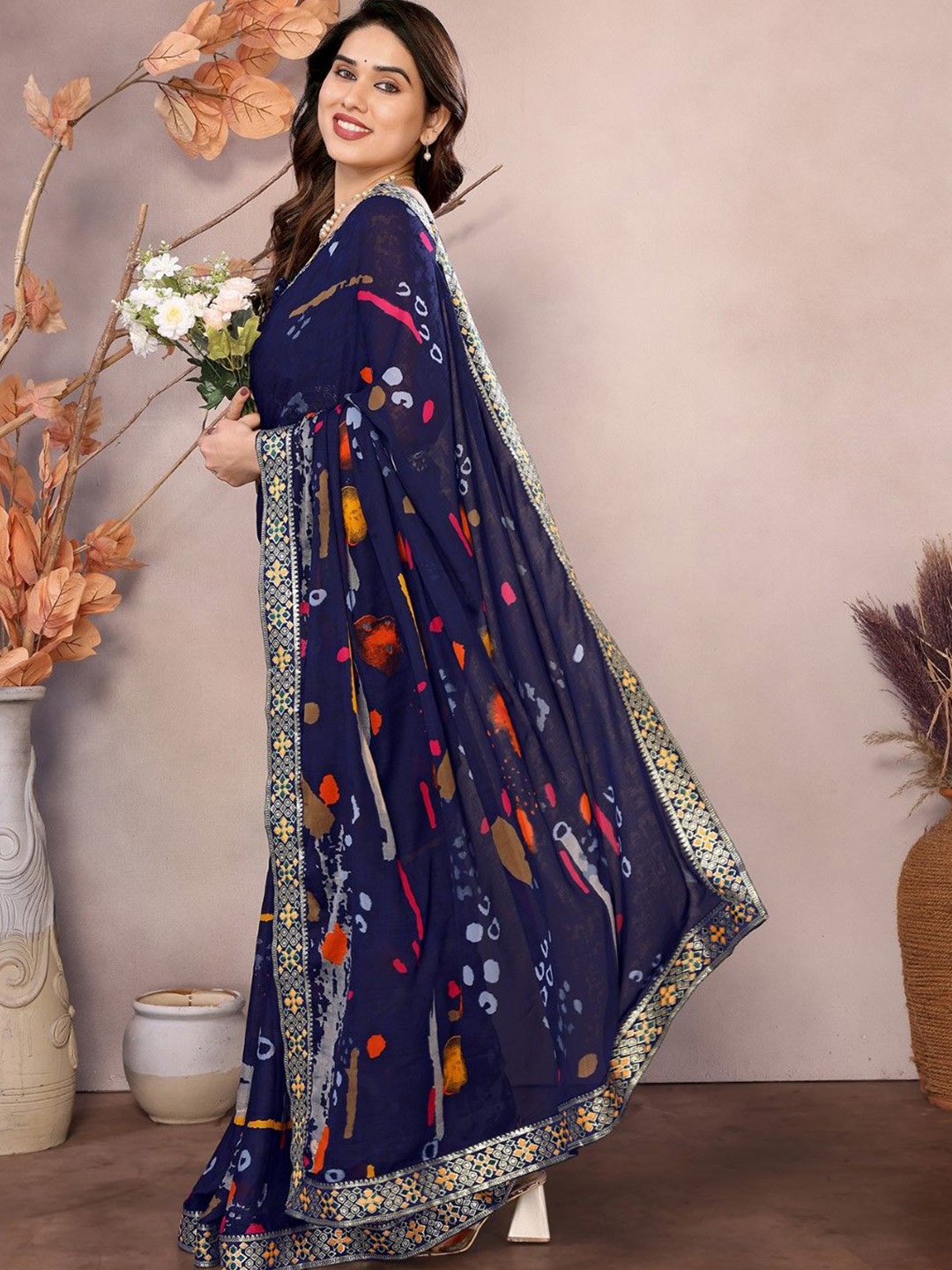 

KALINI Poly Georgette Bandhani Saree, Navy blue