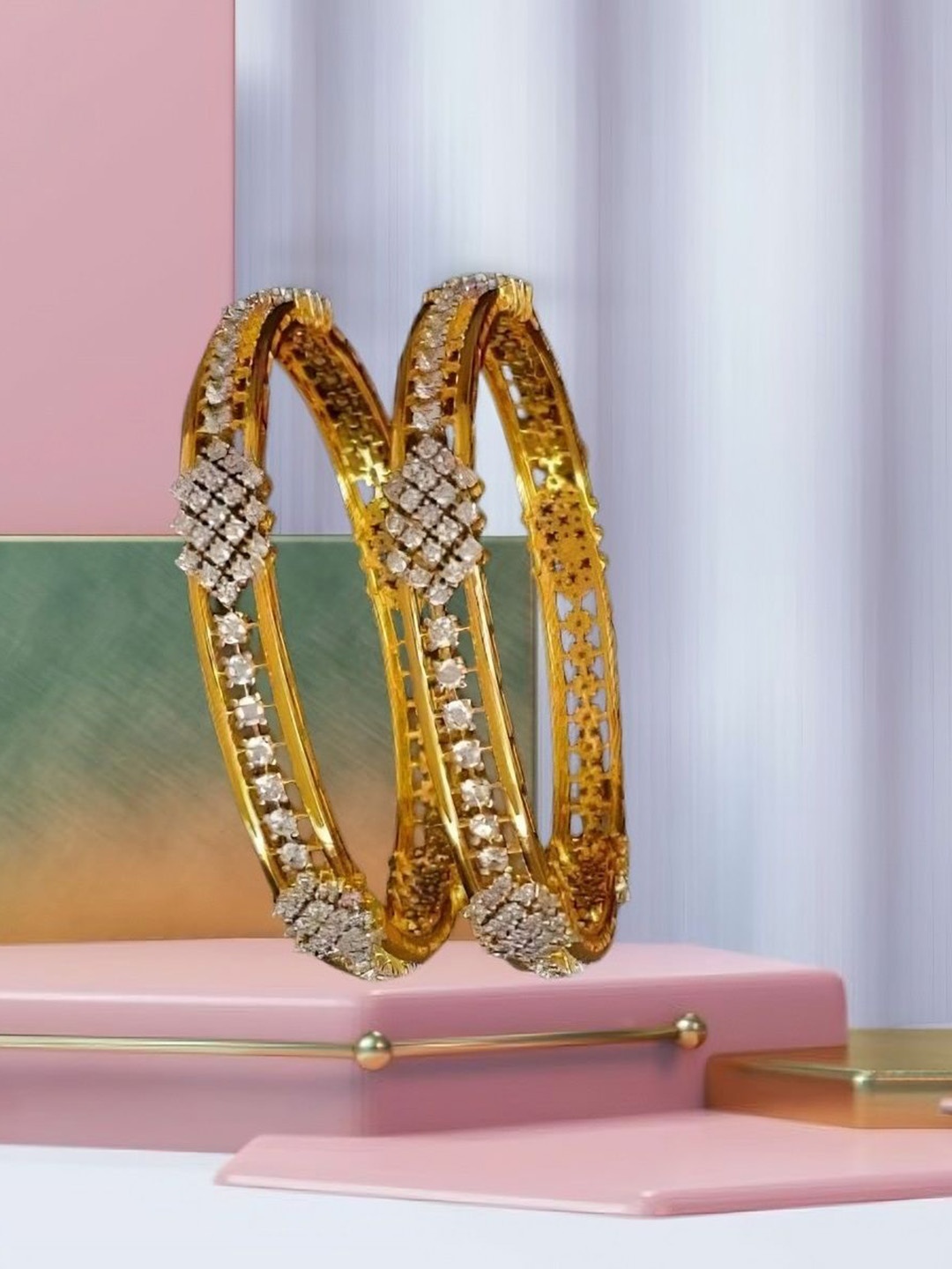 

Zevarly Set of 2 Gold Plated Cubic Zirconia Stone-Studded Bangles