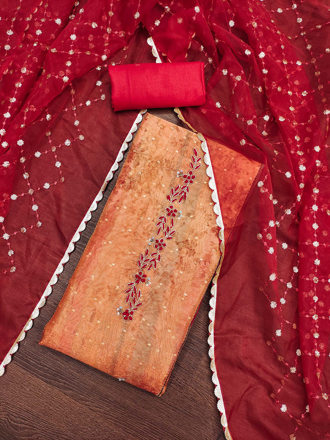 

KALINI Embellished Organza Unstitched Dress Material, Orange