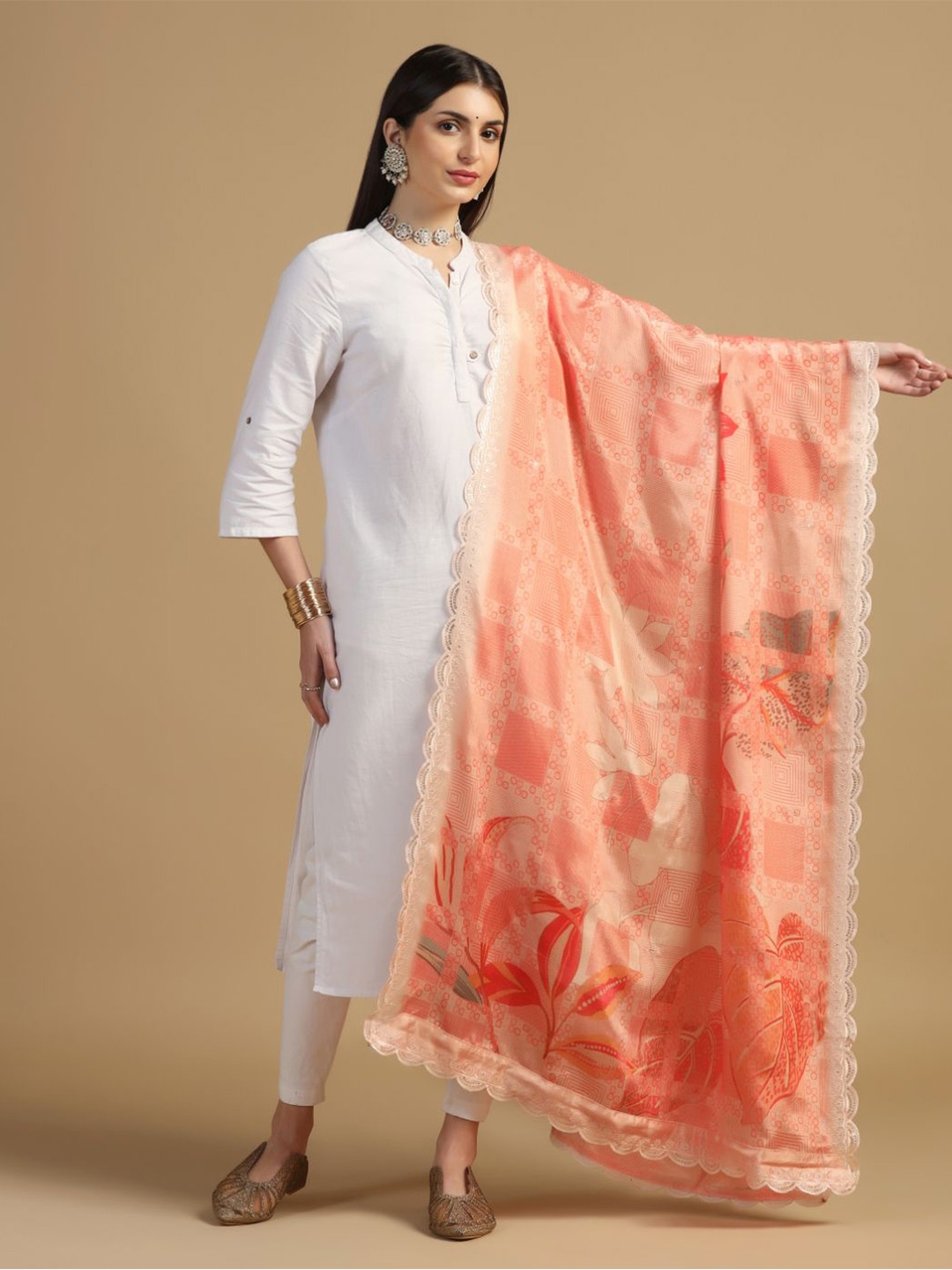 

Kaizen TEXO FAB Floral Printed Dupatta With Sequinned, Peach