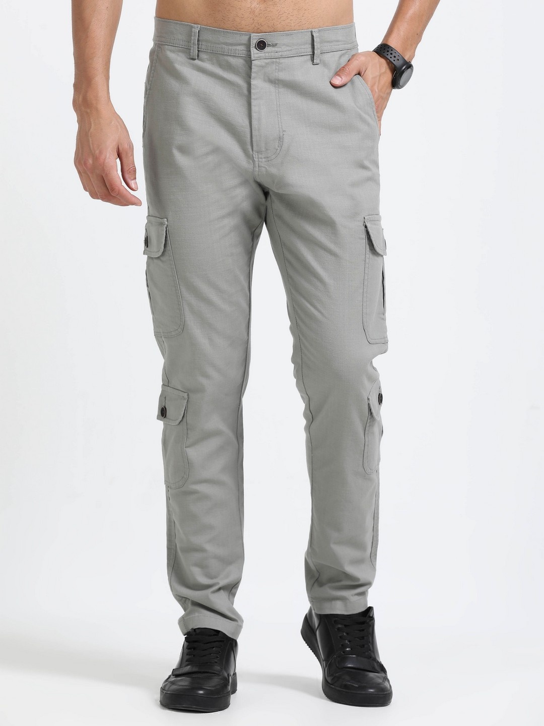 

NEVER NEUD Men Relaxed Lazy Linen Utility Cargos Trousers, Grey
